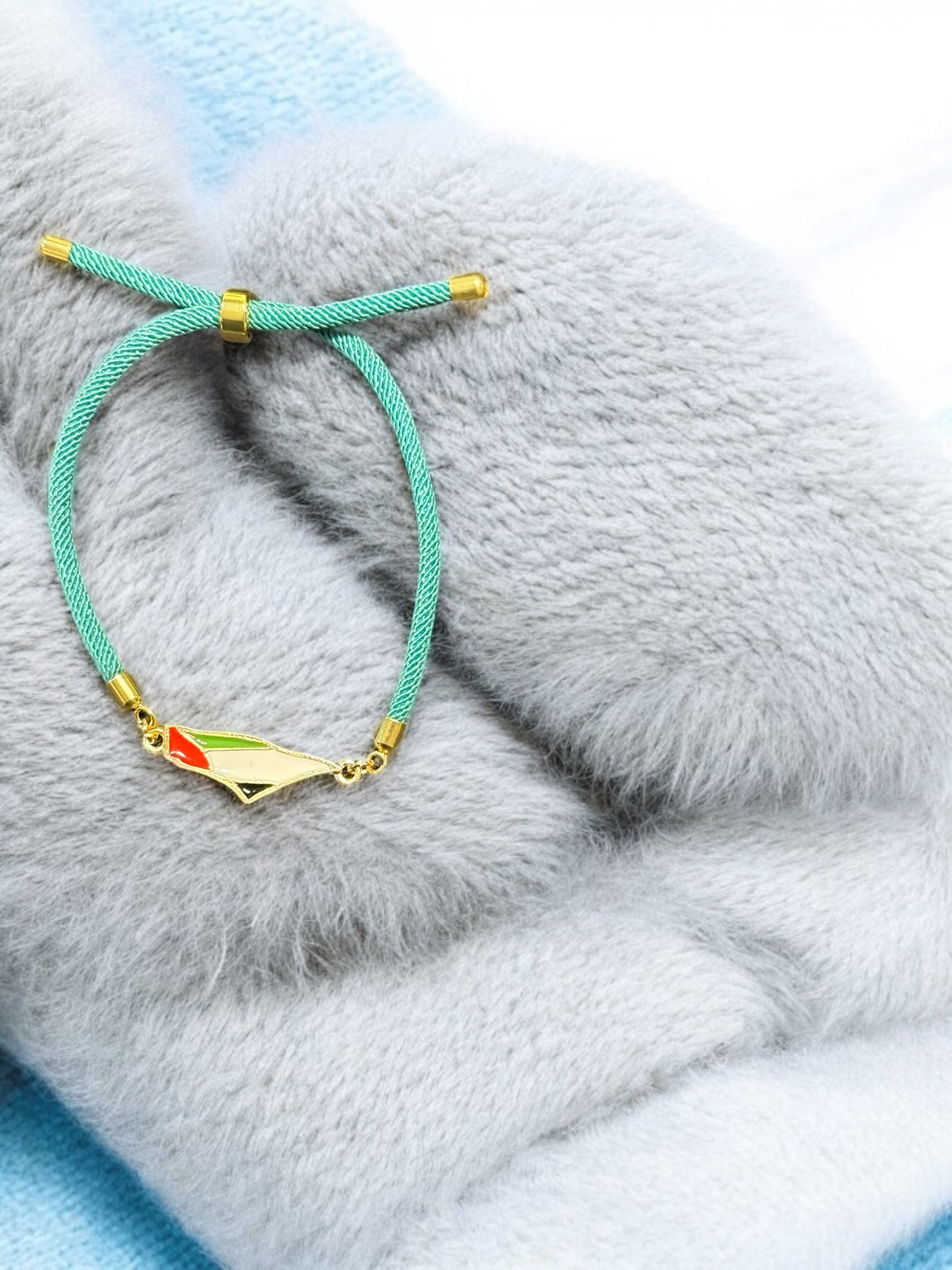 Palestine Flag Bracelet on Cord with Gold-Tone Accents