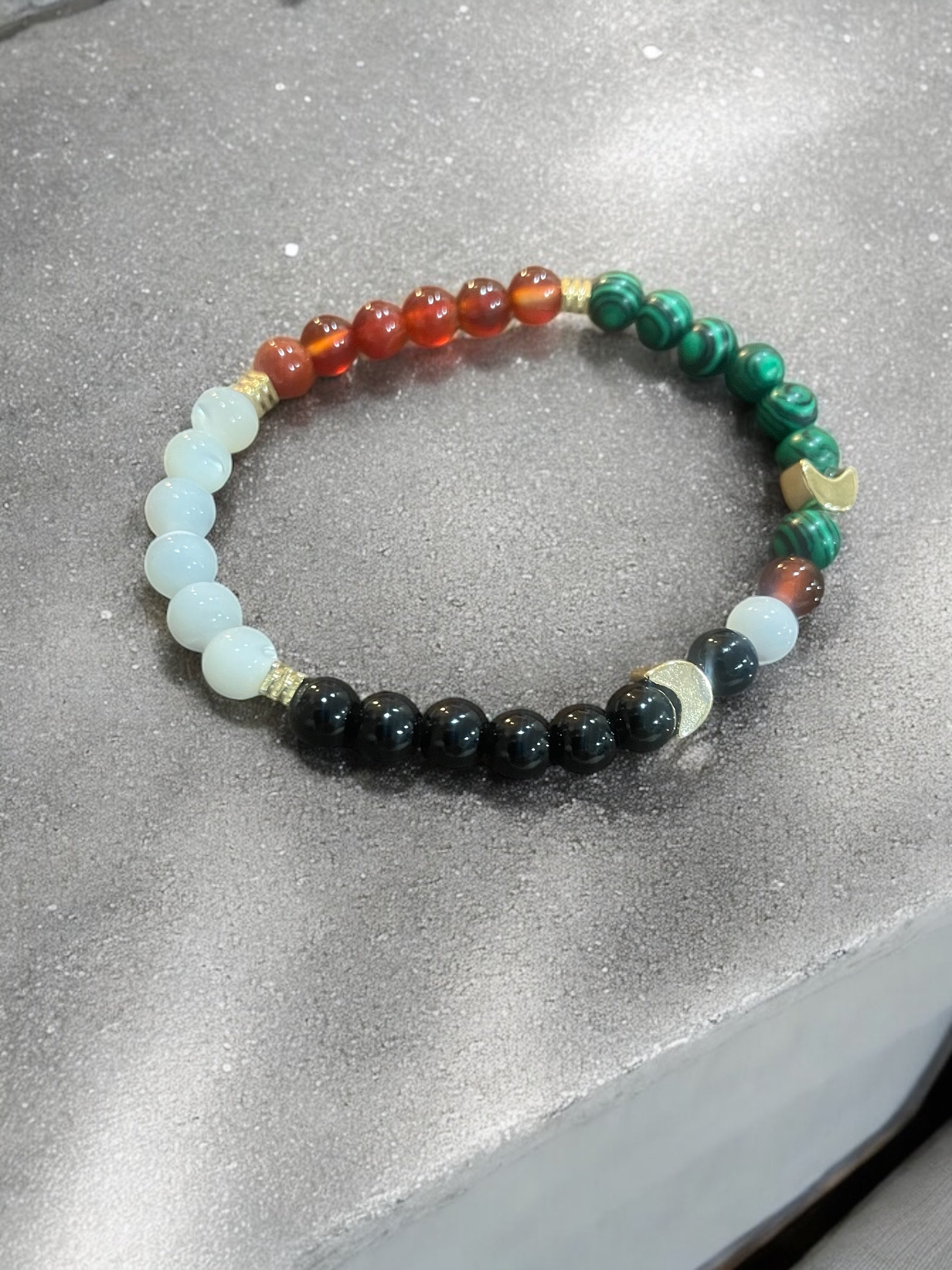 Handmade Beaded Bracelet: Moonstone, Agate, Malachite & Pearl