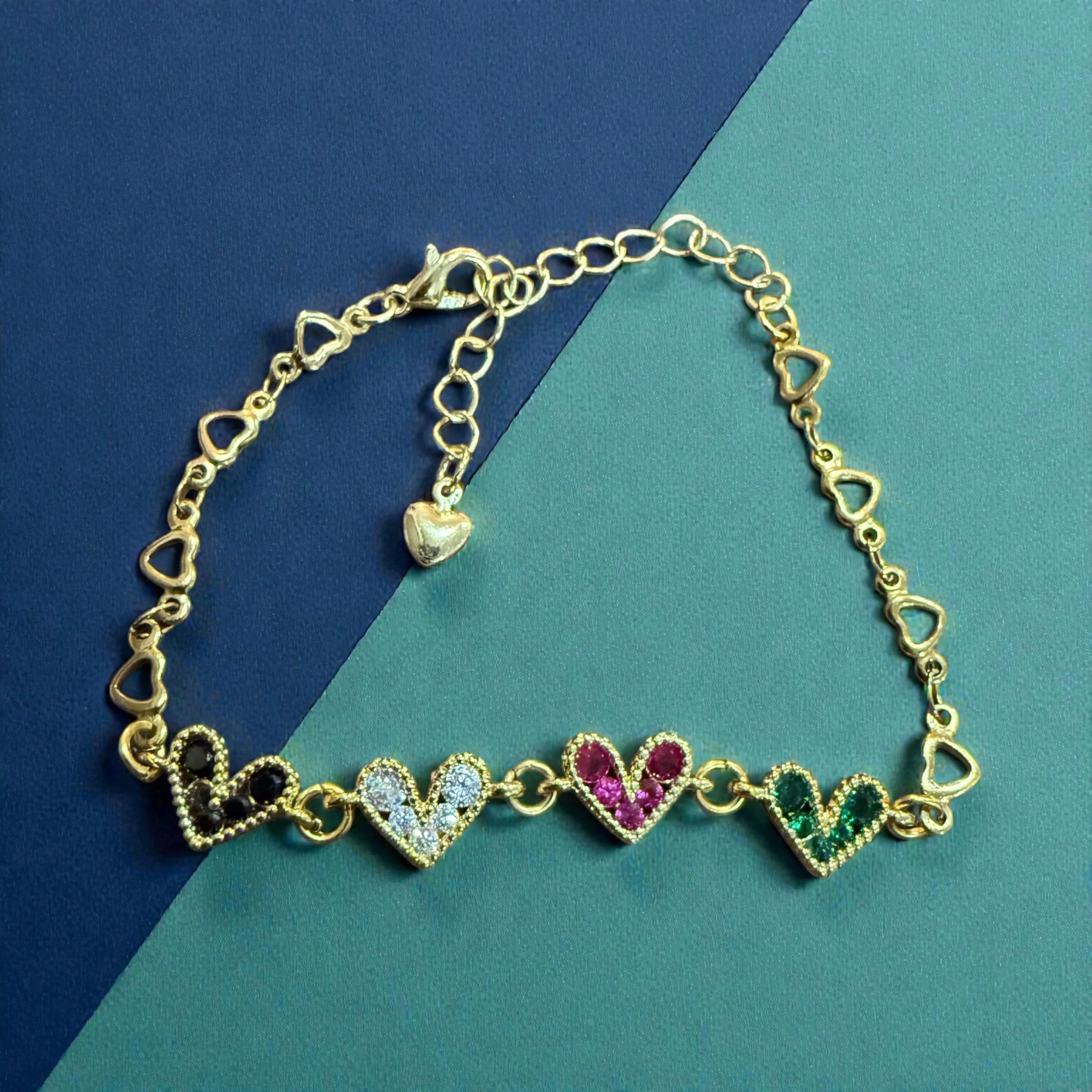 18k Gold Heart Link Chain Bracelet , Colorful Gemstone Hearts
