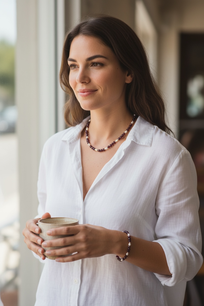 Radiant Elegance: Garnet and Freshwater Pearl Jewelry Set