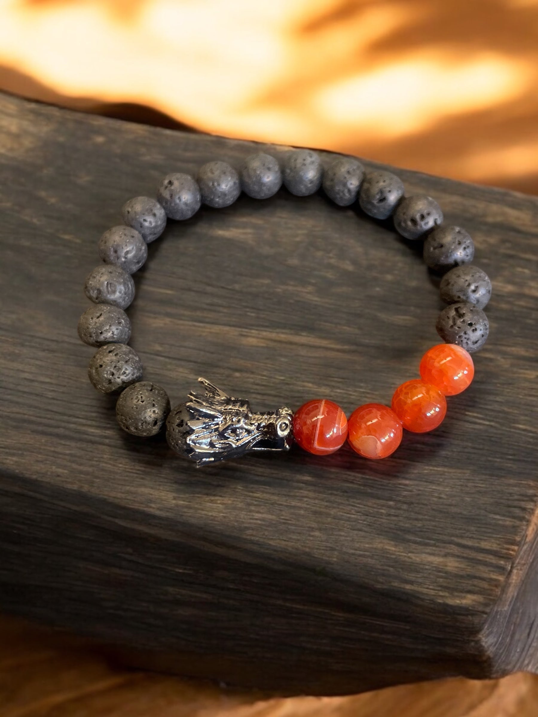 Handmade Lava Bead Bracelet: Dragon Head, Fire Agate & Black Onyx