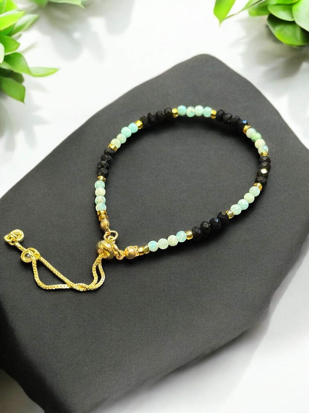 Adjustable Amazonite Bracelet - Gold with Black Faced Beads & Adjustable Design