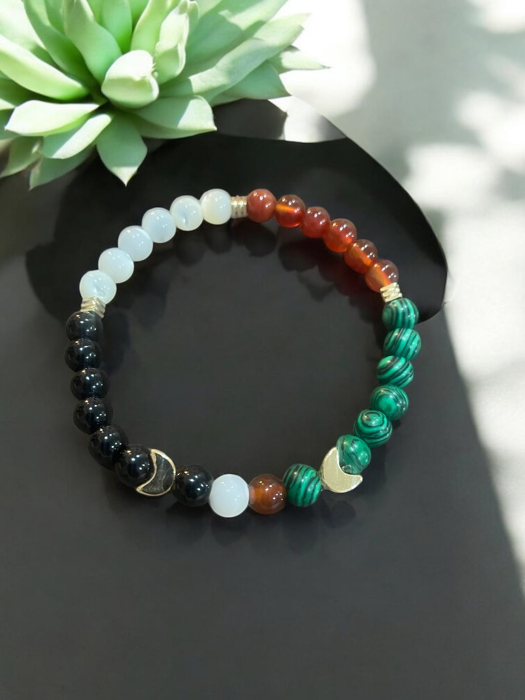 Handmade Beaded Bracelet: Moonstone, Agate, Malachite & Pearl