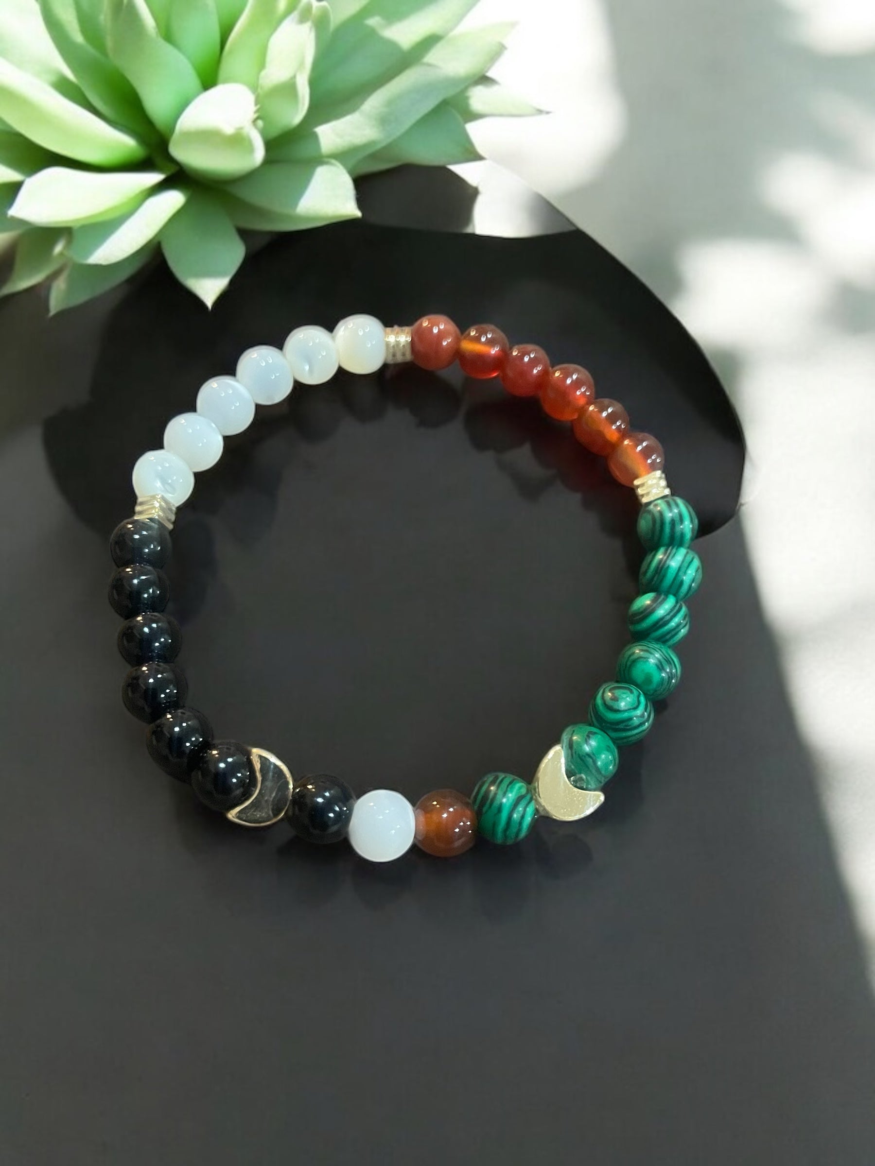 Handmade Beaded Bracelet: Moonstone, Agate, Malachite & Pearl