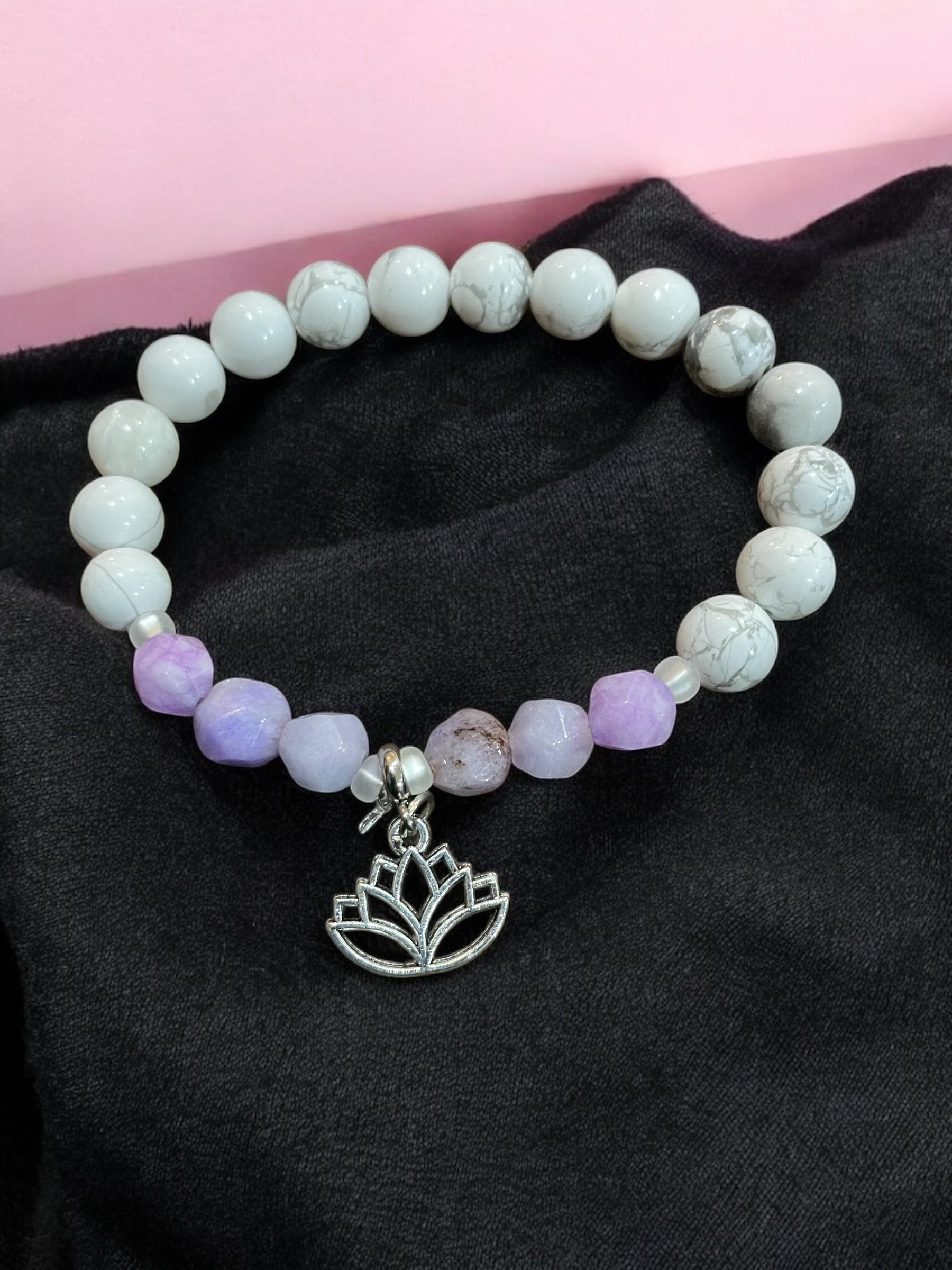 White Howlite Bracelet: Lotus Charm, Colored Quartz