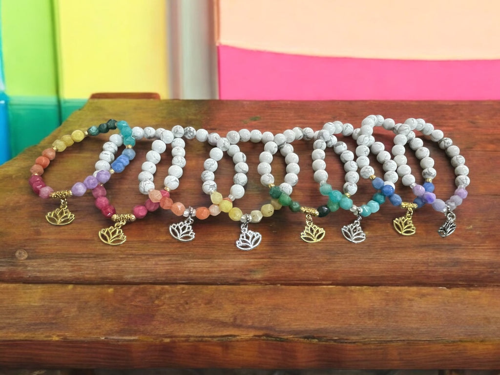 White Howlite Bracelet: Lotus Charm, Colored Quartz