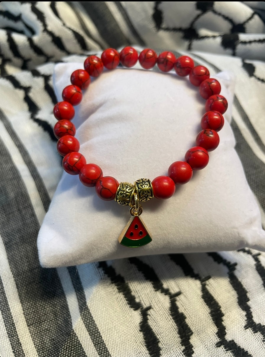 Handmade Gemstone Stretch Bracelet with Watermelon Charm