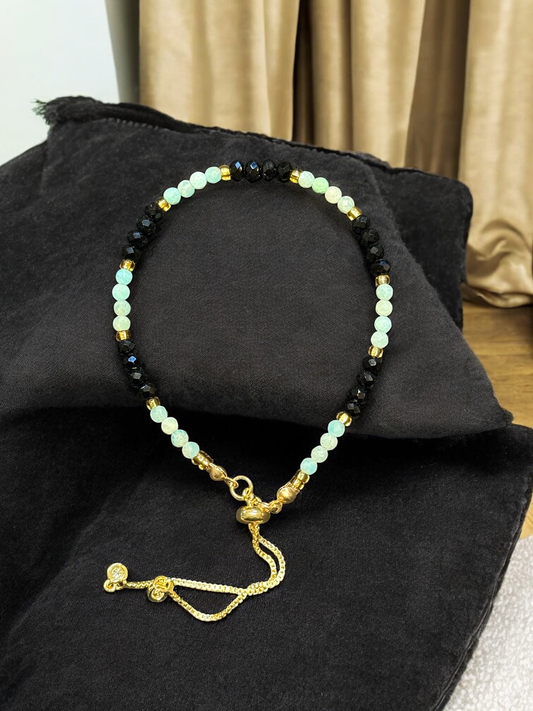 Adjustable Amazonite Bracelet - Gold with Black Faced Beads & Adjustable Design