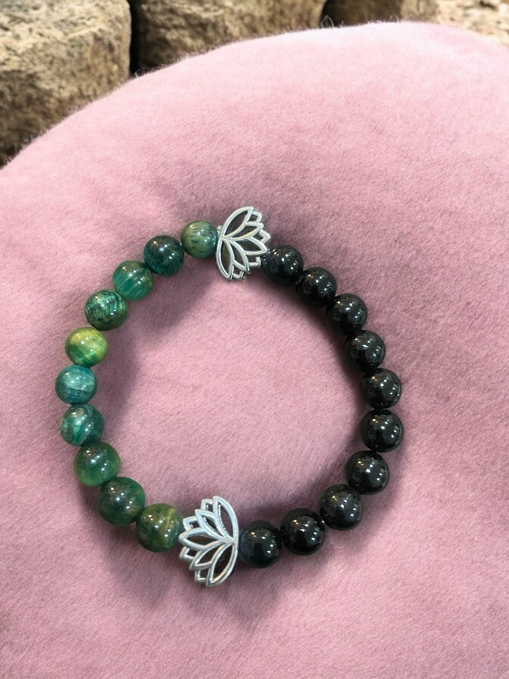 Lotus Charm Bracelet: Black Glass, Howlite, or Agate Gemstone