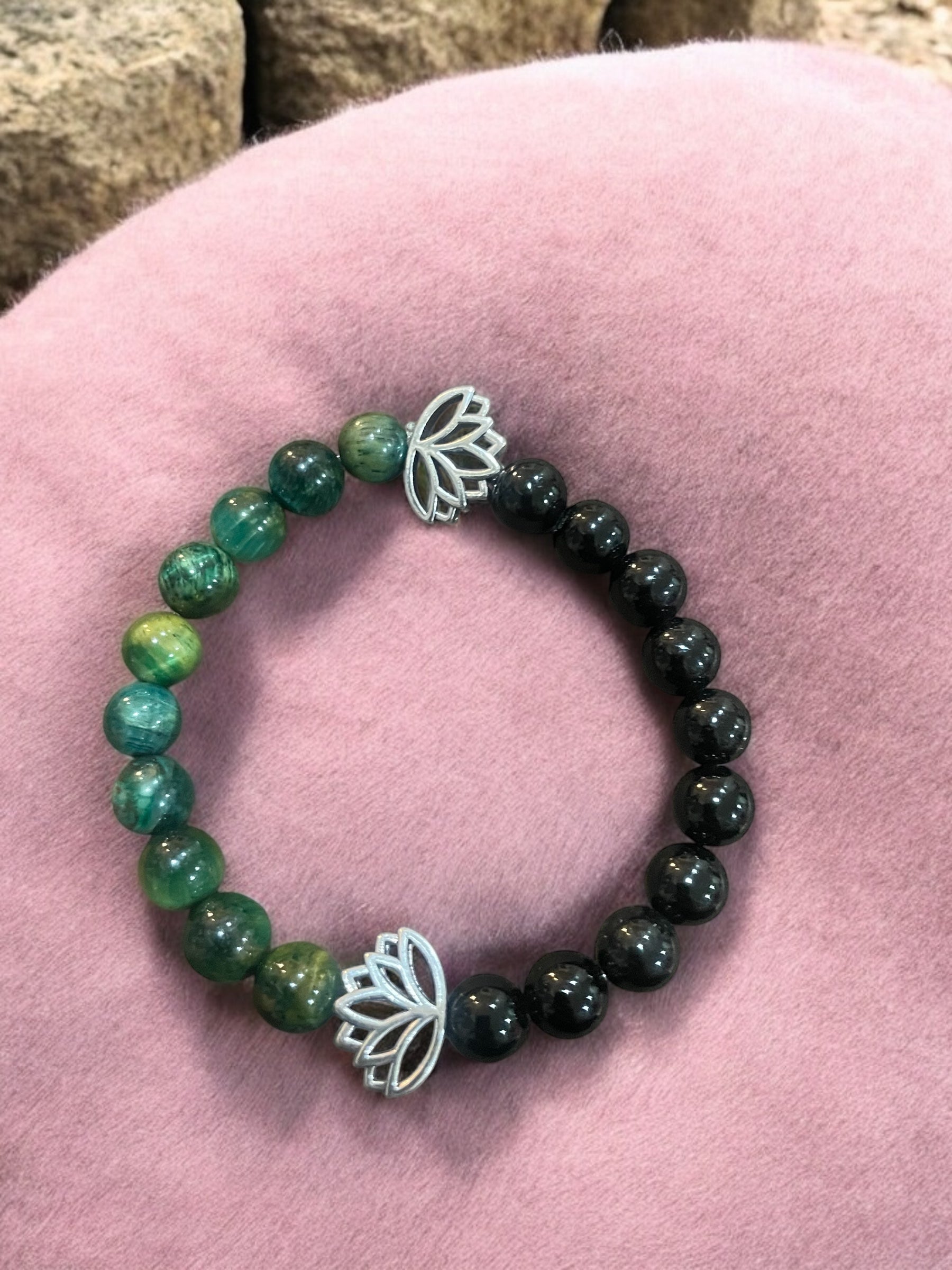 Lotus Charm Bracelet: Black Glass, Howlite, or Agate Gemstone