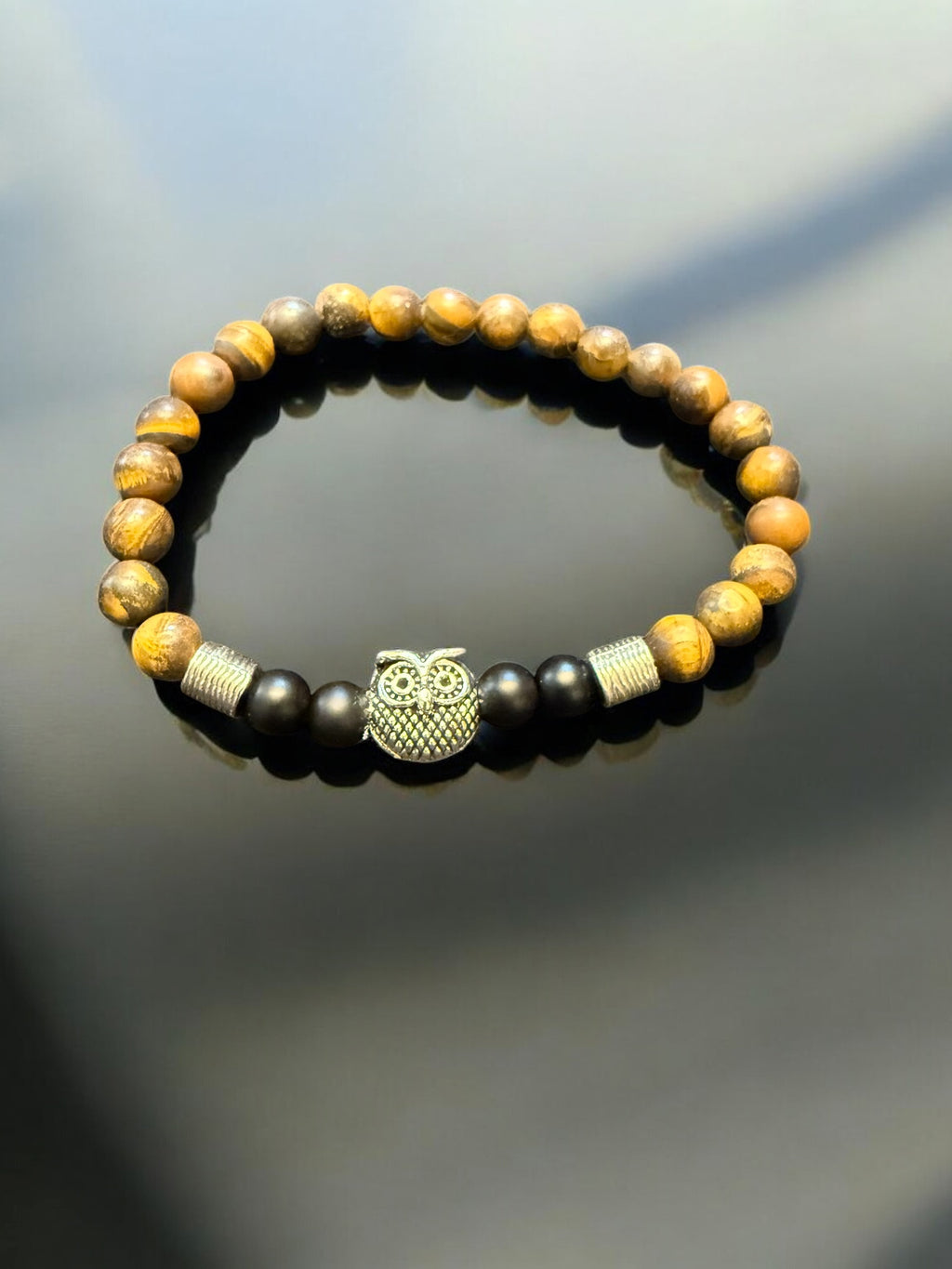 Matte Tiger Eye Bracelet with Silver Owl