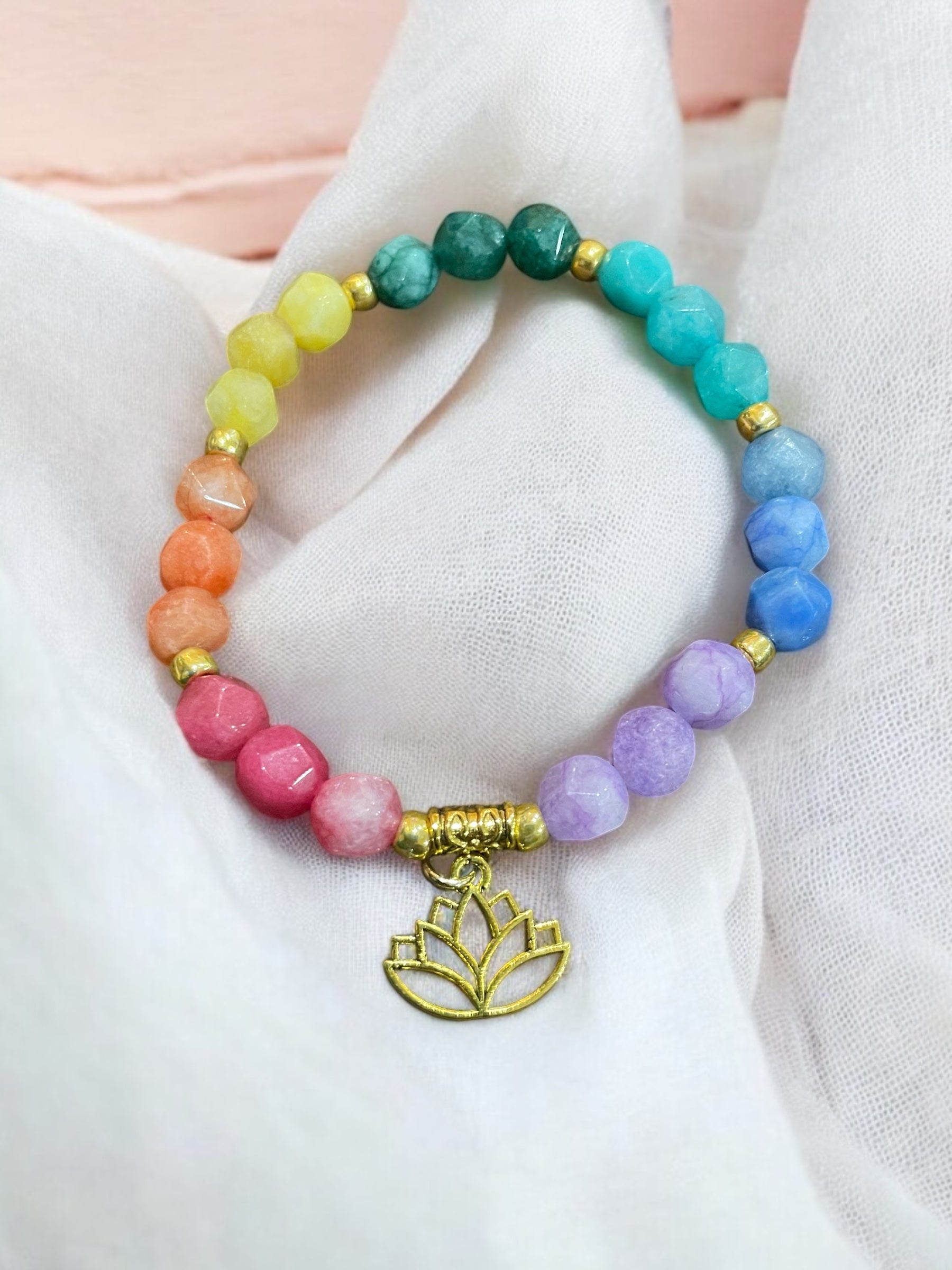 White Howlite Bracelet: Lotus Charm, Colored Quartz