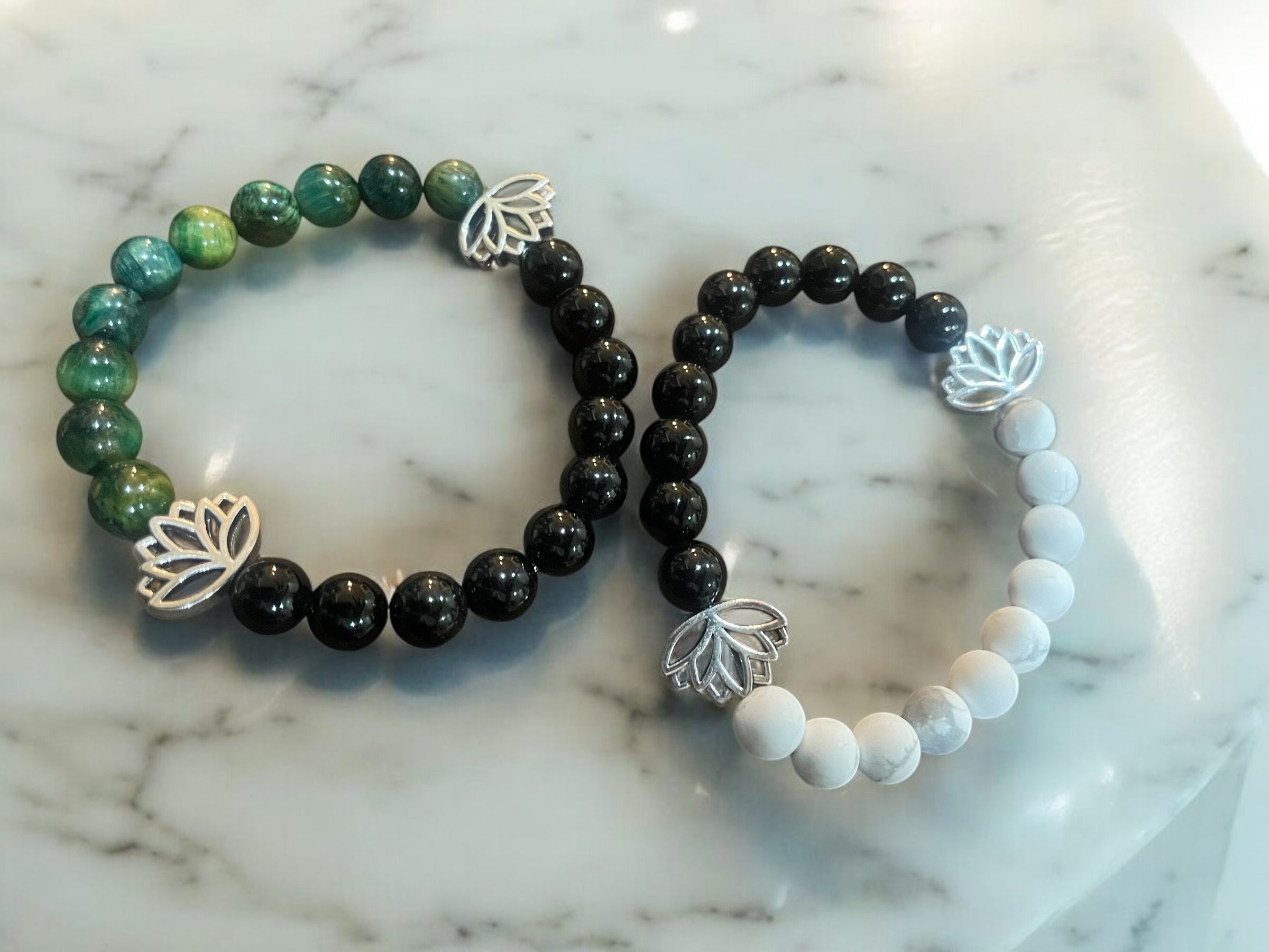 Lotus Charm Bracelet: Black Glass, Howlite, or Agate Gemstone