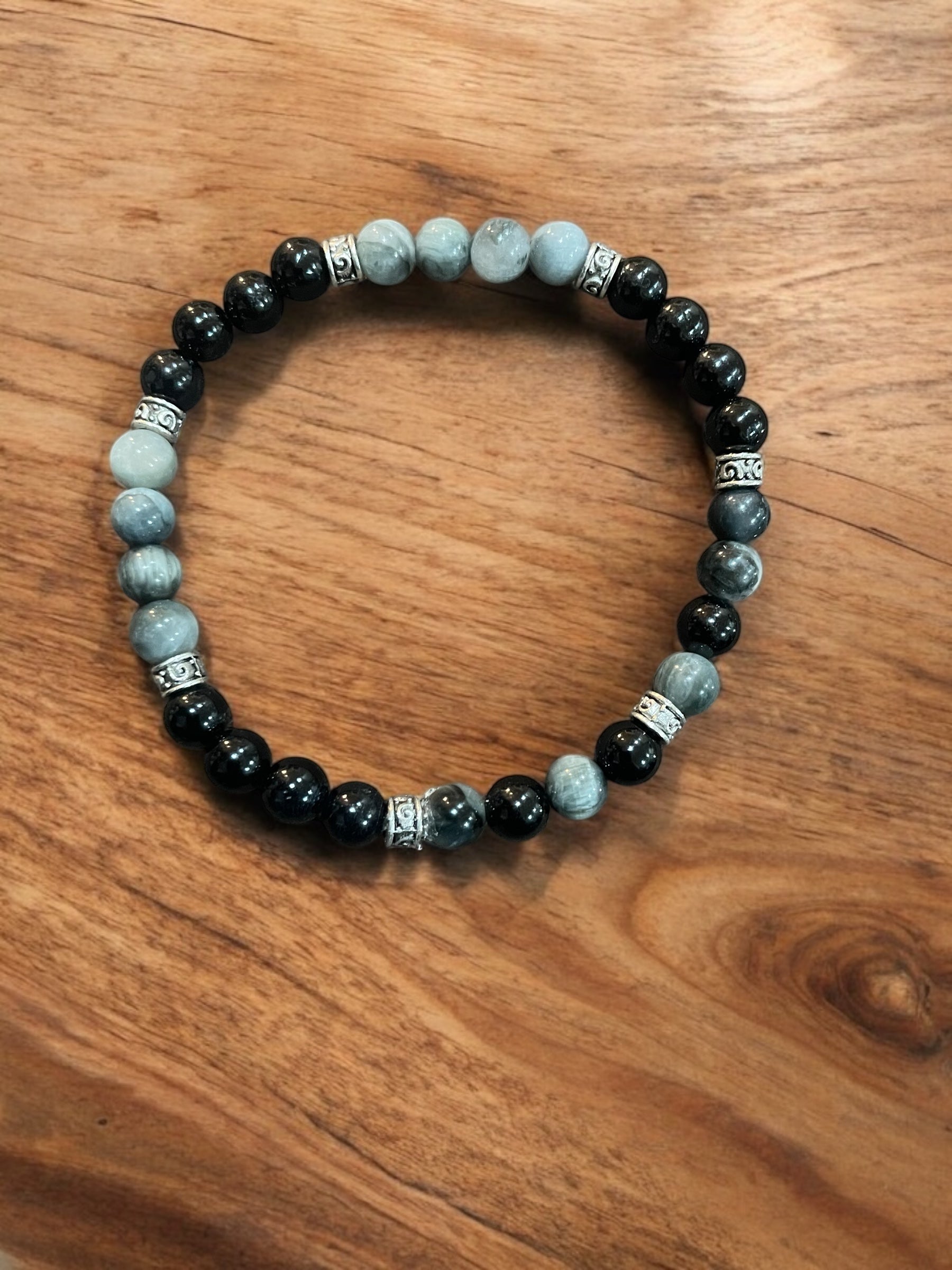 Handmade Black Hawk Eye Beaded Bracelet with Silver Spacers