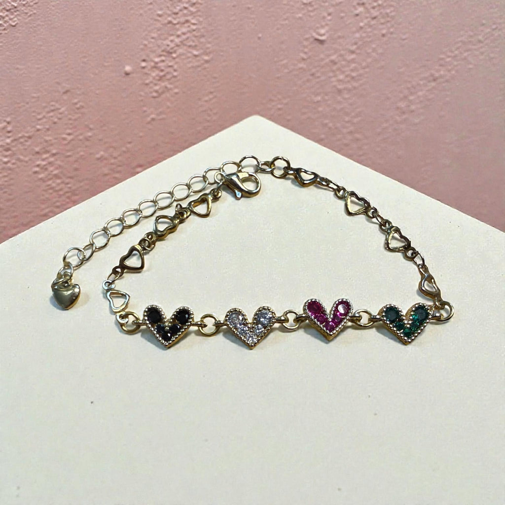 18k Gold Heart Link Chain Bracelet , Colorful Gemstone Hearts