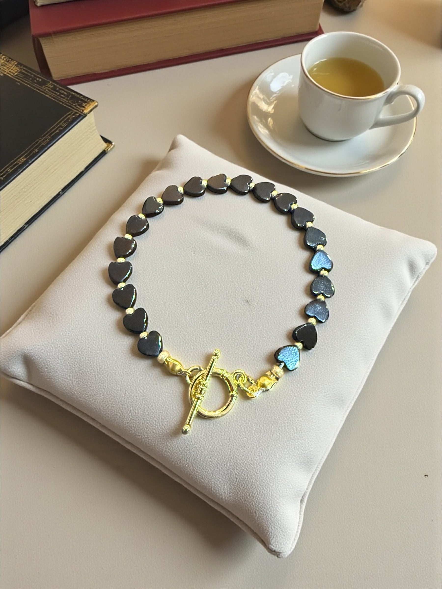 Handmade Gemstone Heart Bracelet: Black Onyx, Quartz, Tiger Eye