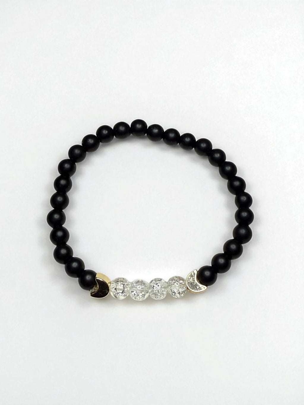 Black Onyx & Crystal Moon Bracelet: Gold Spacers, Handmade