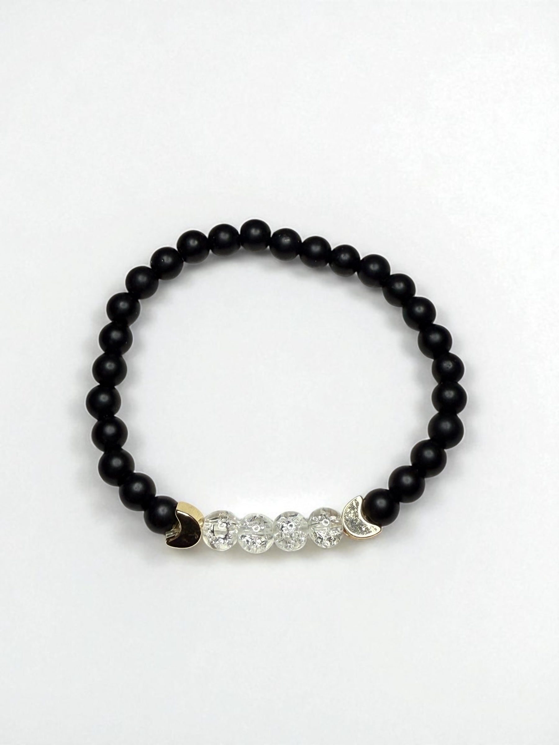 Black Onyx & Crystal Moon Bracelet: Gold Spacers, Handmade