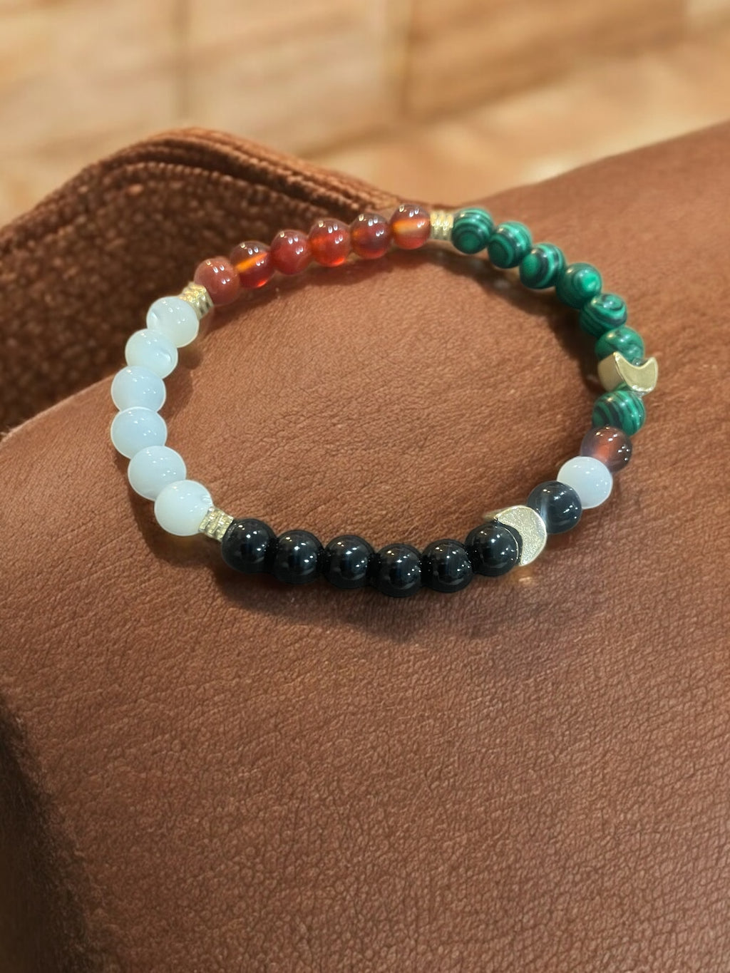 Handmade Beaded Bracelet: Moonstone, Agate, Malachite & Pearl